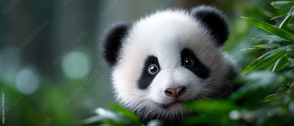 Fototapeta premium A cute panda cub peeks through green foliage, showcasing its distinctive black and white markings and expressive eyes