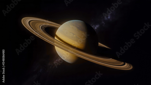 A photograph of Saturn, the sixth planet from the Sun, dominating a deep black, star-dusted expanse.