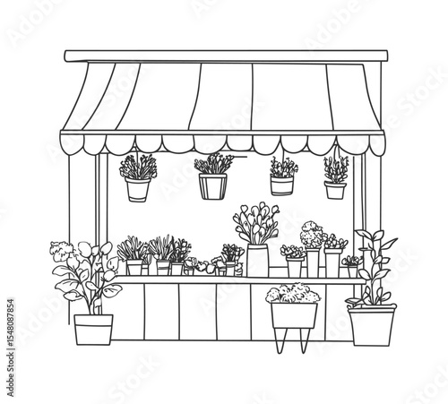 Minimalist Line Art Outdoor Flower Shop with Hanging and Potted Plants