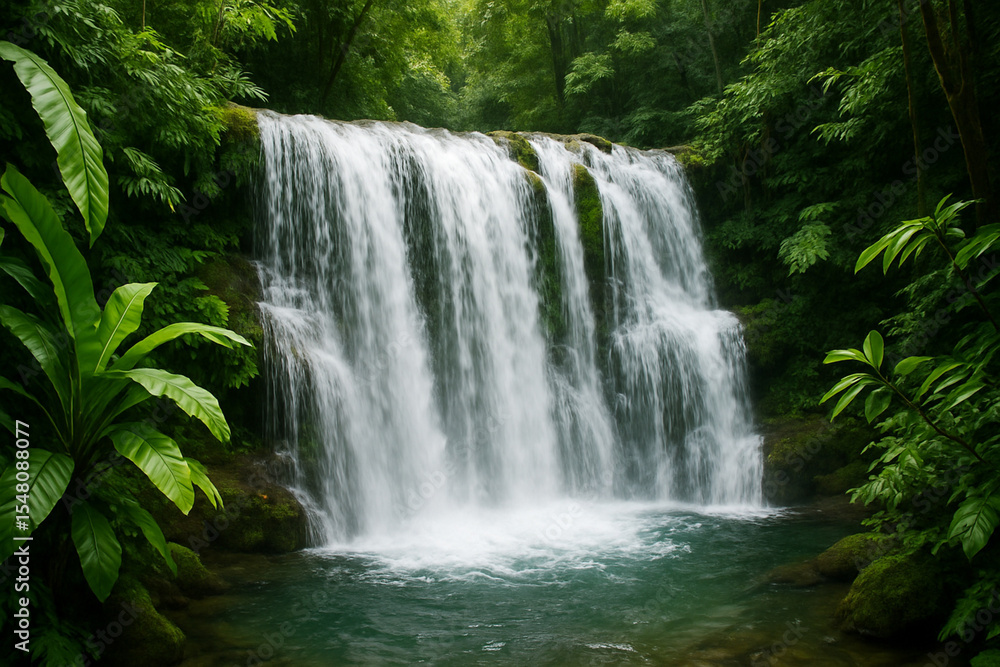 Obraz premium Stunning Hyper-Realistic Waterfall in Lush Tropical Rainforest