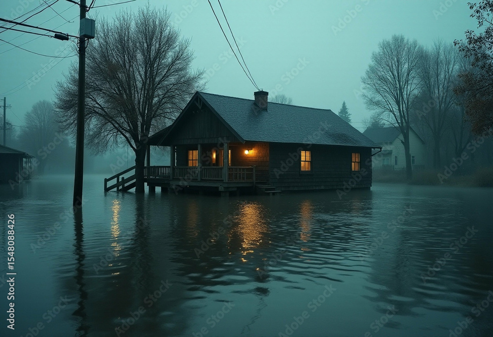 Fototapeta premium Large Wooden Home in Night Flood Scene