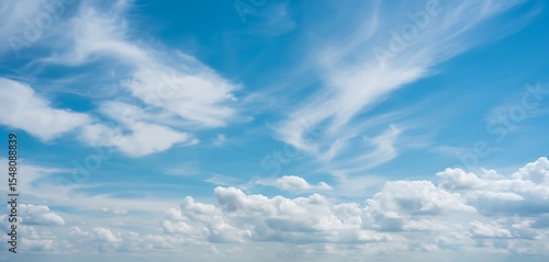 Fototapeta Naklejka Na Ścianę i Meble -  Beautiful blue sky with puffy and wispy clouds offering a calm and serene atmosphere