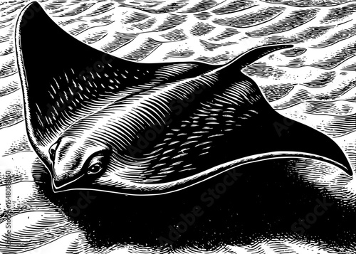 stingray gliding over sandy seabed with wide wings, a black and white sketch vector