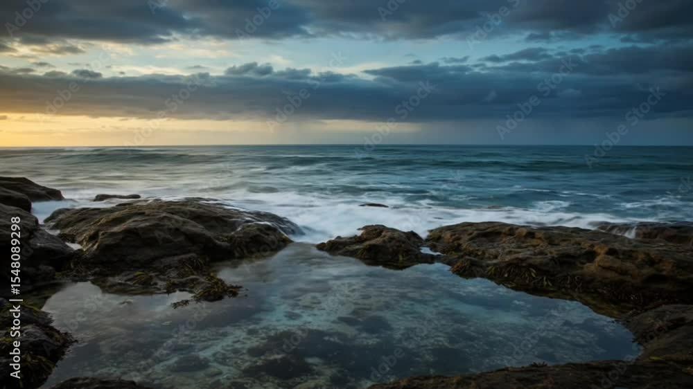 Powerful ocean waves crash against rocky shoreline at sunrise with dramatic sky. Coastal energy concept seamless looping 4k time-lapse animation video background Powerful ocean waves crash against rocky shoreline at sunrise with dramatic sky. Coastal energy concept seamless looping 4k time-lapse animation video background