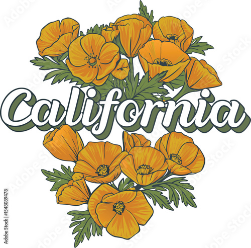 California Poppies Illustration with State Name for Apparel and Design