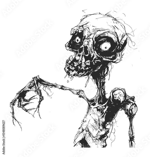 Hand Drawn Illustration of Creepy Cartoon Zombie Skeleton in Horror Style