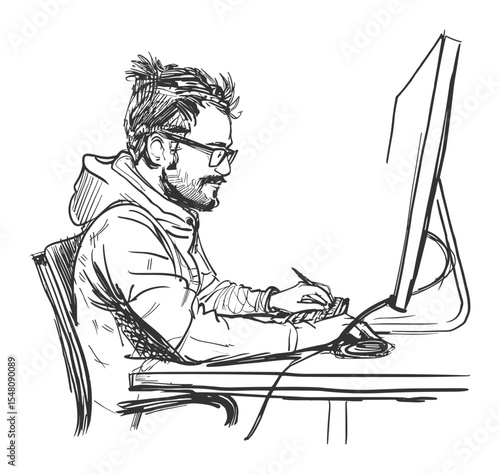 Hand Drawn Illustration of Young Man Working on Computer with Stylus at Desk Side View