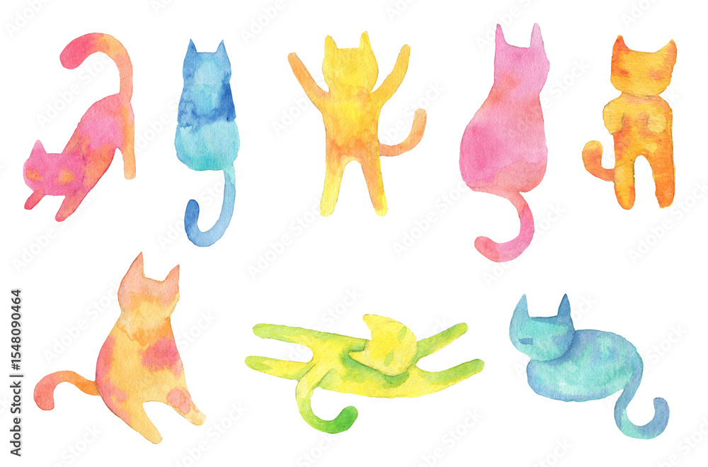 Fototapeta premium Cat silhouette watercolor set in various poses, sitting, sleeping, playing, standing, hand drawn illustration