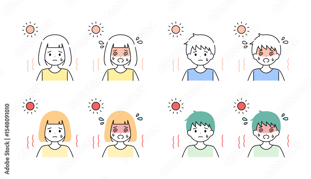熱中症 男の子 女の子 男児 女児 夏 イラスト素材セット ベクター 熱中症 男の子 女の子 男児 女児 夏 イラスト素材セット ベクター