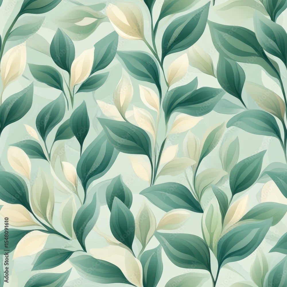A seamless pattern with magical sage leaves, mesmerizing and vibrant. Art Deco meets modern luxury in this minimalist design, soft colors