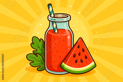Refreshing watermelon juice smoothie in glass jar with straw and fruit slice. Summer vitamin drink concept. Healthy organic detox beverage vector cartoon illustration on yellow background.