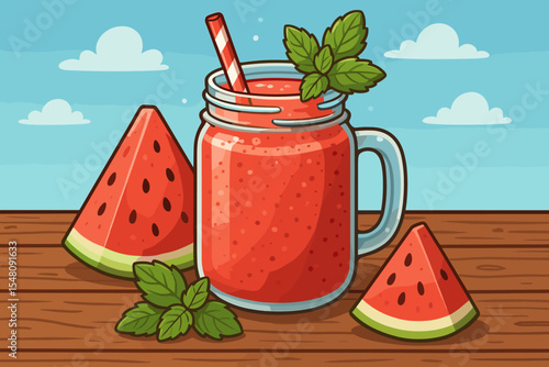 Refreshing watermelon mint smoothie in a mason jar with a straw. Healthy summer drink on a rustic wooden table. Fresh fruit juice concept. Vector cartoon illustration.