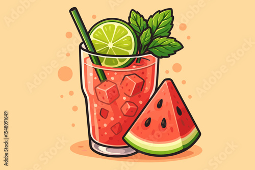 Refreshing watermelon cocktail with lime and mint. Vector cartoon illustration of a summer drink. Fresh cold juice with ice in a glass, perfect for a party menu or bar design.