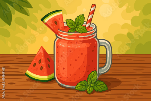 Refreshing watermelon mint smoothie in a glass mason jar on a rustic wooden table. Healthy summer fruit juice, detox drink. Cartoon vector illustration for menu or poster design.