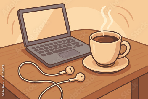 Coffee break at work from home desk with laptop and hot drink. Cozy workspace concept with earphones for music, webinar or podcast. Freelance lifestyle vector cartoon illustration.
