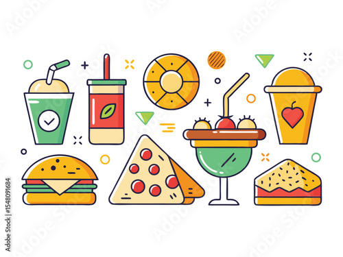 A vibrant collection of popular fast food items and drinks including burgers pizza tacos and soda cups artfully arranged and isolated on white background
