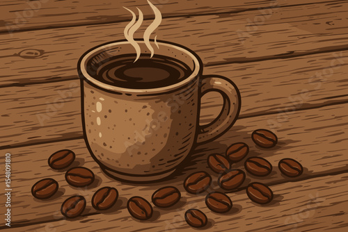 Hot coffee cup with steam and roasted beans on a rustic wooden table. Vector cartoon illustration for cafe menu. Morning espresso or cappuccino in a vintage style. Cozy coffee break.