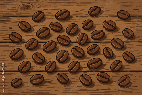 Roasted coffee beans scattered on a rustic wooden table background. Vector cartoon illustration with a vintage charm. Natural organic arabica seeds on an aged wood texture pattern.