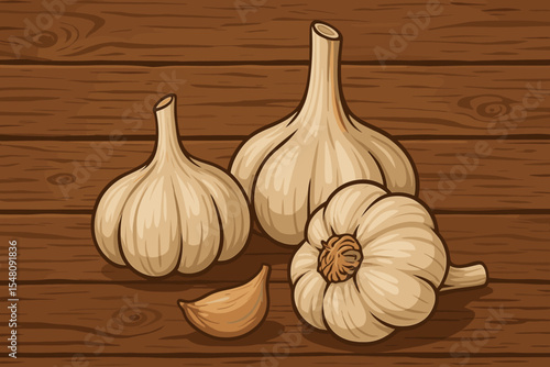 Rustic garlic bulbs and clove on an aged wooden background. Vector cartoon illustration of fresh organic vegetables for cooking. Healthy food, culinary ingredient, and spice concept.