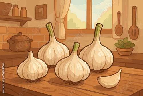 Rustic garlic bulbs and a clove on a wooden kitchen table. Vector cartoon illustration of a cozy cooking scene with fresh organic ingredients. Healthy food and seasoning concept.