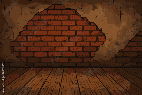 Old empty room interior with a red brick wall and wooden floor. Crumbling plaster, grunge texture background. Rustic, vintage, industrial loft style. Vector cartoon illustration.