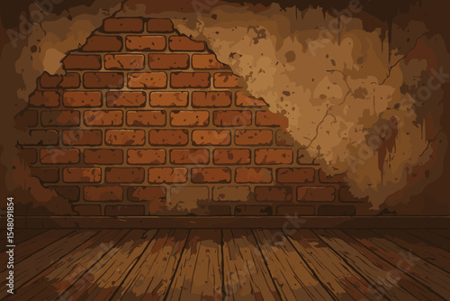 Rustic grunge interior background. Empty old room with exposed red brick wall and crumbling cracked plaster. Weathered wooden floor stage for product display. Vintage texture.