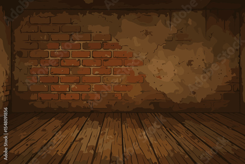 Empty room interior with old red brick wall and peeling plaster. Grunge background with a weathered wooden floor. Dark vintage basement or cellar. Rustic loft style vector illustration.