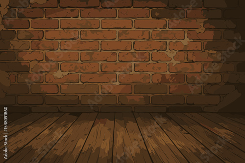 Empty room interior background with old red brick wall and dark wooden floor. Rustic grunge industrial loft scene. Vintage weathered texture for product display. Vector illustration.