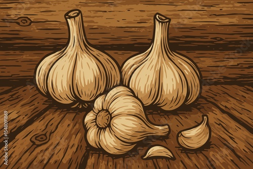 Rustic garlic bulbs and cloves on aged wooden background. Vintage woodcut style vector illustration. Healthy organic vegetable ingredient for cooking. Aromatic spice and seasoning.