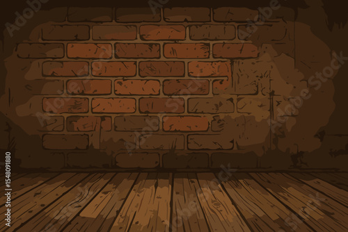 Grunge interior background with an old red brick wall and weathered wooden floor. Empty room with a rustic, vintage texture. Industrial loft or basement scene with a spotlight. Vector.