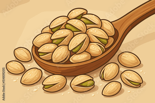 Salted pistachio nuts overflowing from wooden spoon. Healthy organic snack concept. Roasted pistachios in shell. Vector cartoon illustration for food, diet, and nutrition design.