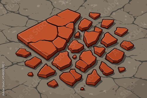 Shattered red ceramic tile on a cracked gray cement floor. Vector cartoon illustration of broken pieces and fragments. Damaged ground texture, concept of ruin and destruction background.