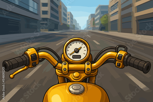 Shiny Gold Motorcycle Handlebar View on Fast Urban City Street, Speedometer, Blurred Motion Effect, Dynamic Riding Perspective, Modern Downtown Buildings, Vector Cartoon Illustration
