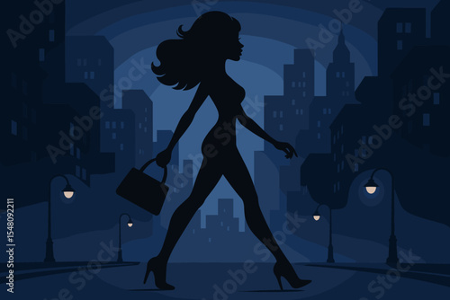Stylish woman silhouette in high heels strutting confidently through illuminated city streets at night, urban nightlife fashion, elegance, independence, modern lifestyle vector illustration