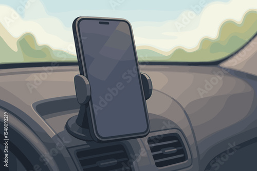 Modern smartphone mounted on car dashboard air vent holder. Safe driving concept. Vehicle interior. Mobile device navigation accessory. Vector cartoon illustration. No text. Technology in cars.