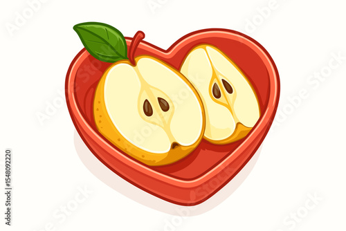 Fresh sliced Asian pear halves in heart shaped red bowl, healthy fruit snack, cartoon vector illustration, clean white background, wholesome diet, vegetarian nutrition, natural food concept
