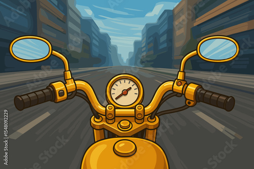 Golden motorcycle handlebar with speedometer in city street, urban road motion blur, perspective view, modern transportation, adventure travel, vector cartoon illustration, no text