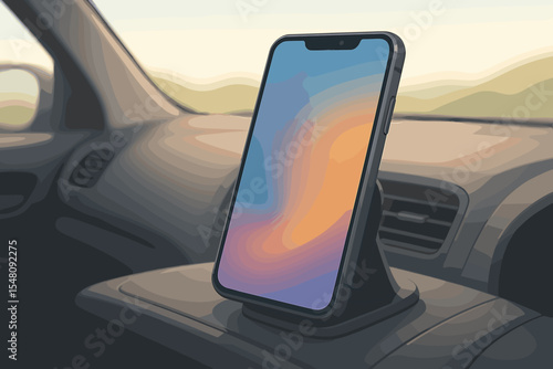 Modern smartphone on car dashboard mount. Navigation GPS device. Mobile phone holder in vehicle interior. Travel technology. Urban commute. Connected driving. Vector illustration, no text mockup