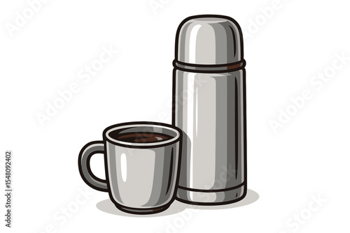Stainless steel thermos flask and coffee mug with hot drink, cartoon vector illustration isolated on clean white background, travel beverage container, camping, reusable drinkware concept