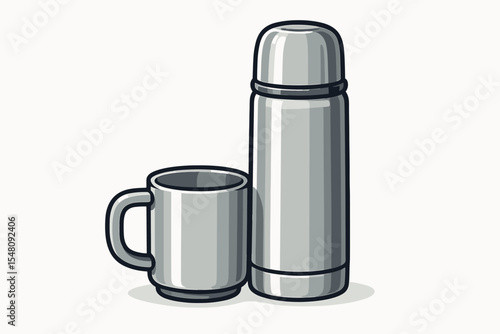 Stainless steel travel thermos and coffee mug set. Vector cartoon illustration of insulated flask and cup duo for hot drinks, outdoor camping, hiking, portable beverage storage on white background