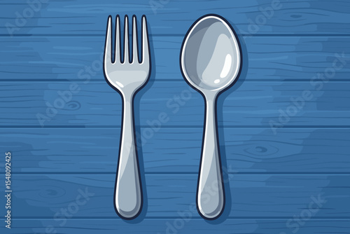 Stainless steel cutlery set with spoon and fork, realistic cartoon illustration on blue wooden table background. Kitchen utensil vector, shiny metal silverware flatware dining concept