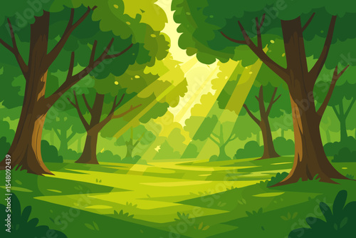 Sunlight streaming through lush green trees in vibrant cartoon forest park, rays illuminating grassy landscape, peaceful nature scene, summer morning, vector illustration, no text