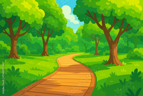 Vibrant cartoon forest landscape with winding wooden path, lush green trees, summer foliage, sunny park background. Nature trail, outdoor walkway, scenic vector illustration for kids, games, design