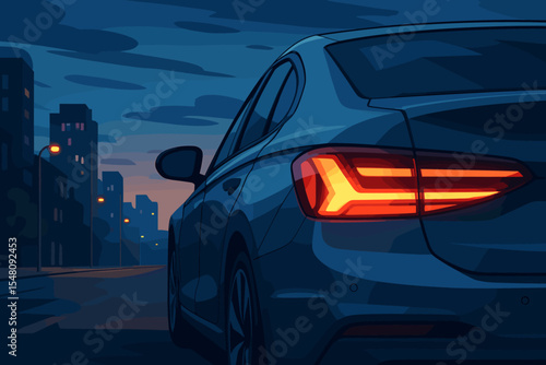 Modern car tail light glowing on city street at dusk, urban automotive design, night drive, illuminated rear brake lights, contemporary vehicle exterior, vector cartoon illustration