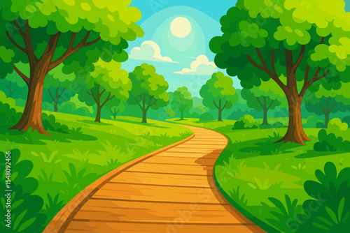 Vibrant green park landscape with wooden boardwalk, lush leafy trees, sunny blue sky, nature path, summer outdoor scene, cartoon vector illustration, serene forest environment, no text