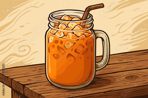 Thai milk tea with ice in mason jar vector. Iced tea beverage in rustic glass mug on wooden table. Refreshing summer drink illustration. Orange bubble tea, cafe drink, cartoon art for menu design