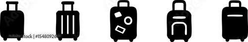 Five different black suitcase icons with various designs and details, representing travel luggage.