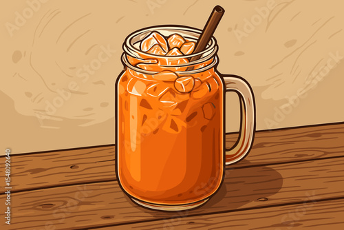 Iced Thai Milk Tea in Glass Mason Jar With Straw and Ice Cubes on Rustic Wooden Table, Refreshing Cold Beverage, Summer Drink Vector Illustration, Asian Cuisine Detail, No Text Design