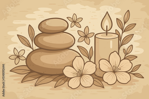 Relaxing Spa Stones Candle and Flowers Composition. Vintage Wellness Scene with Smooth Pebbles Floral Elements Aromatherapy Candle Leaves. Zen Balance Tranquility Nature Vector Illustration