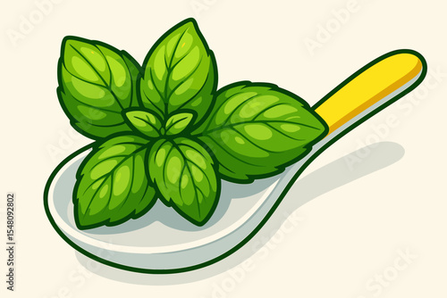 Fresh Green Basil Leaves on Modern White Spoon with Yellow Handle. Aromatic Herb Culinary Ingredient. Organic Flavorful Kitchen Cooking Decoration. Vector Cartoon Food Illustration Isolated